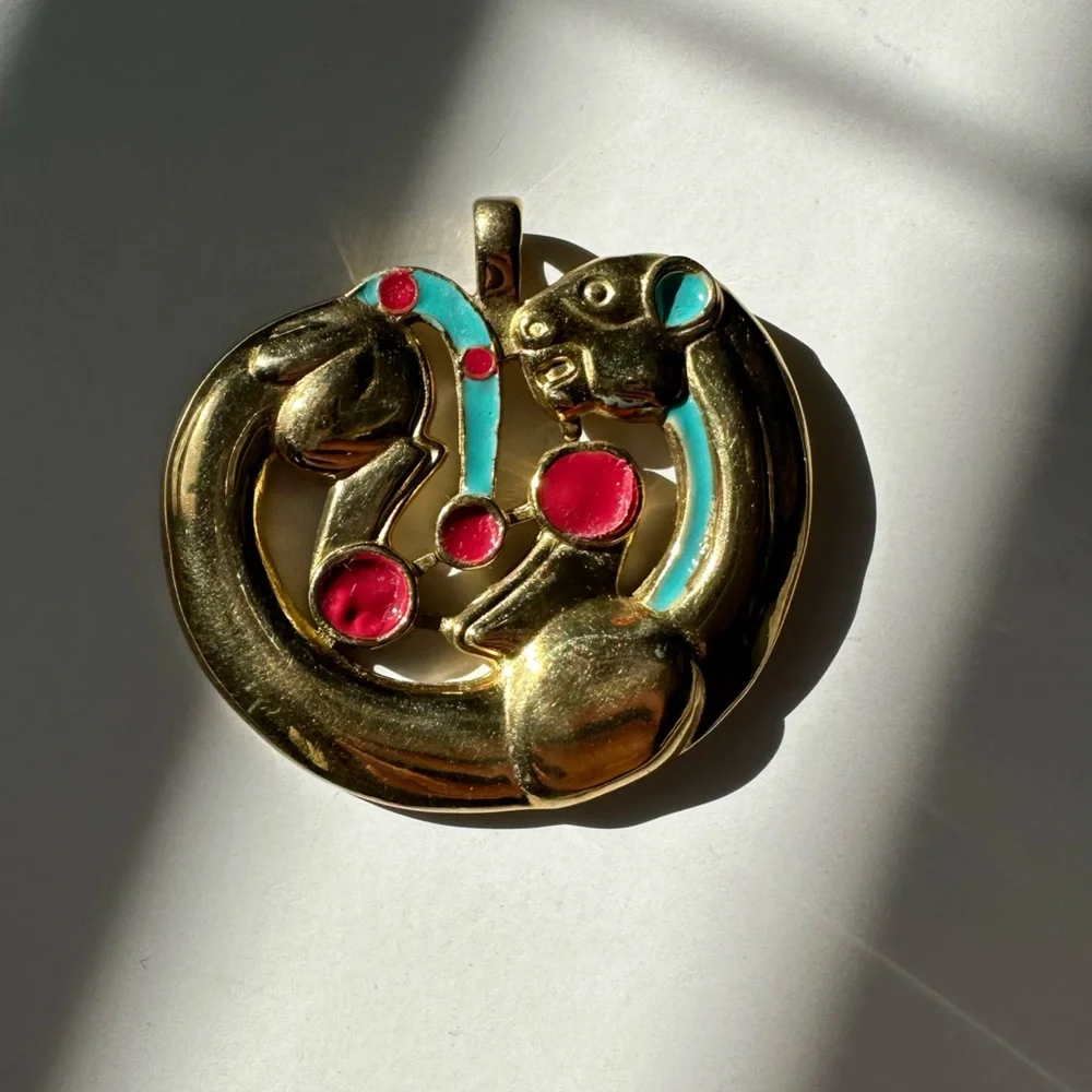 Rare Collective Scythian Gold Panther Pendant with Red and Turquoise Accents